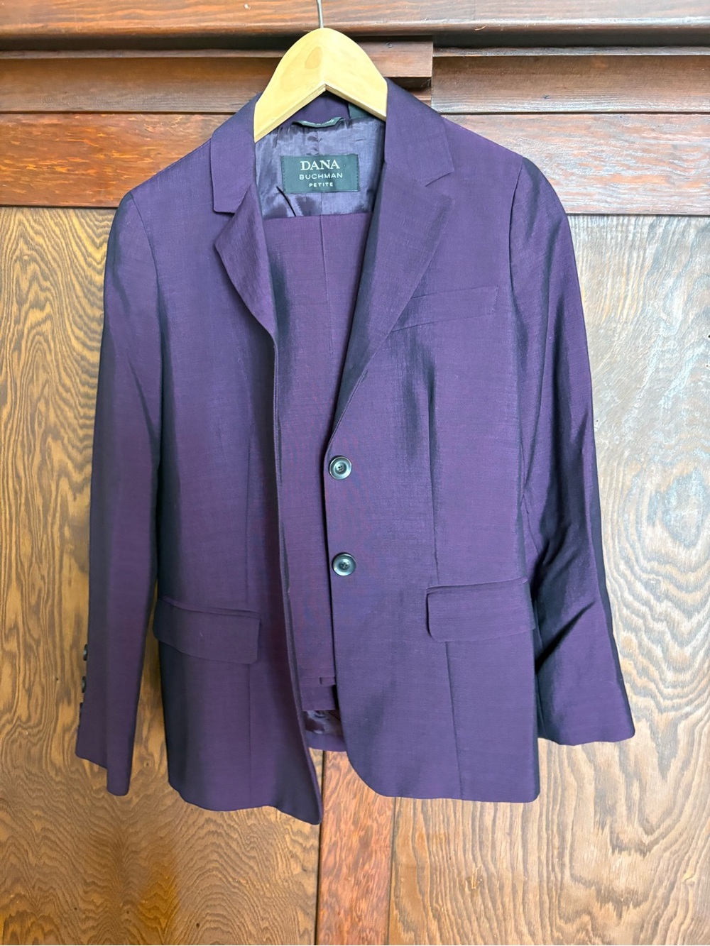 Dana Buchman Plum Notch Lapel Two-Button Blazer and pants suit made in Italy